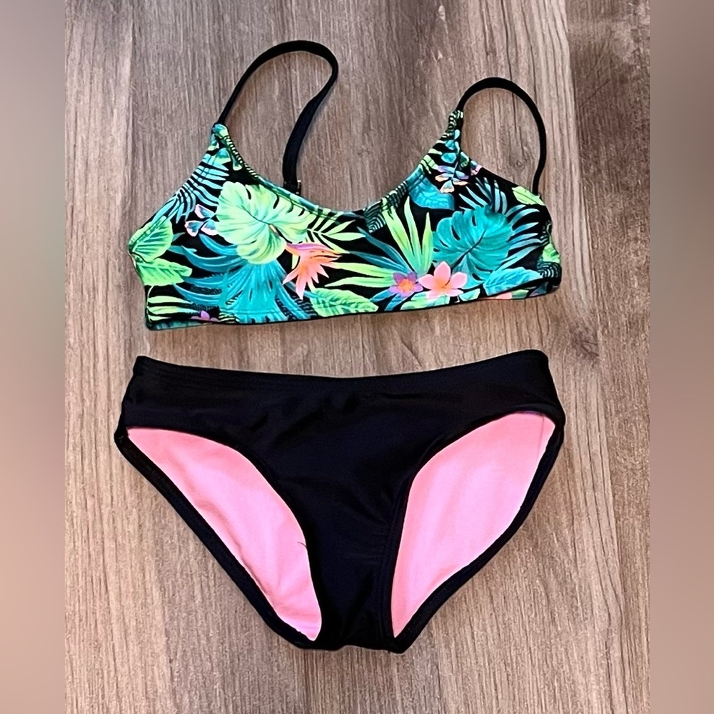 Girls Art Class Botanical Design 2 Piece Bathing Suit With Sheer Cover-up Pants